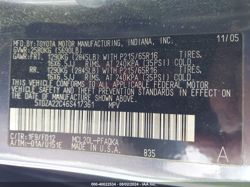 2006 Toyota Sienna Xle VIN: 5TDZA22C46S417361 Lot: 40022534