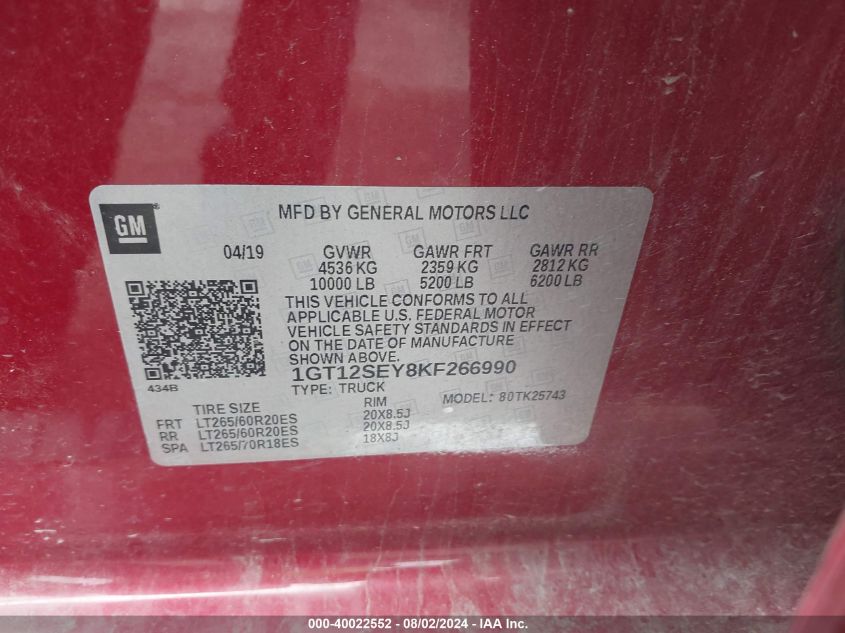 2019 GMC Sierra 2500Hd Denali VIN: 1GT12SEY8KF266990 Lot: 40022552