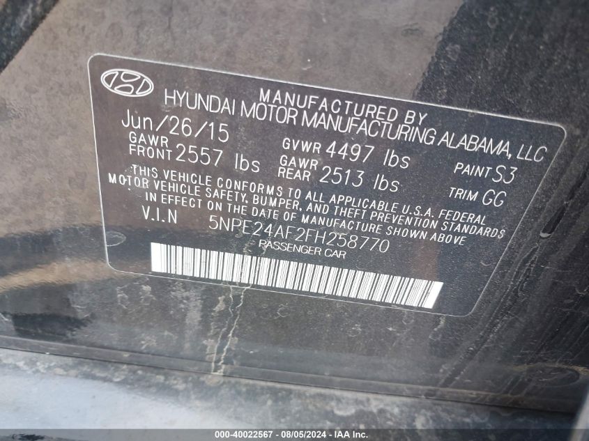 2015 Hyundai Sonata Se VIN: 5NPE24AF2FH258770 Lot: 40022567
