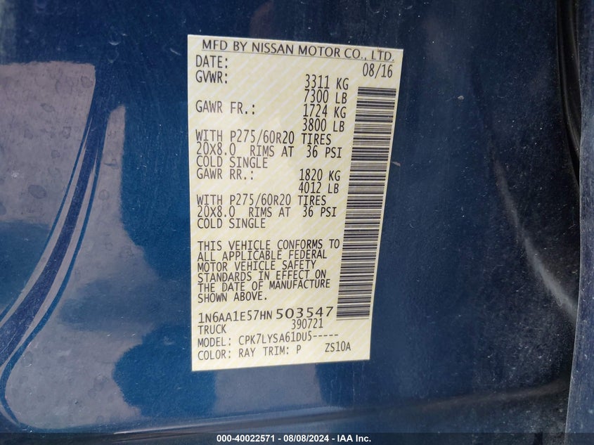 2017 Nissan Titan Platinum Reserve VIN: 1N6AA1E57HN503547 Lot: 40022571