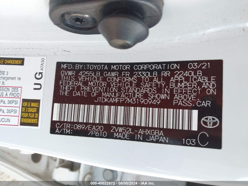 2021 Toyota Prius Prime Limited VIN: JTDKAMFP7M3190949 Lot: 40022572