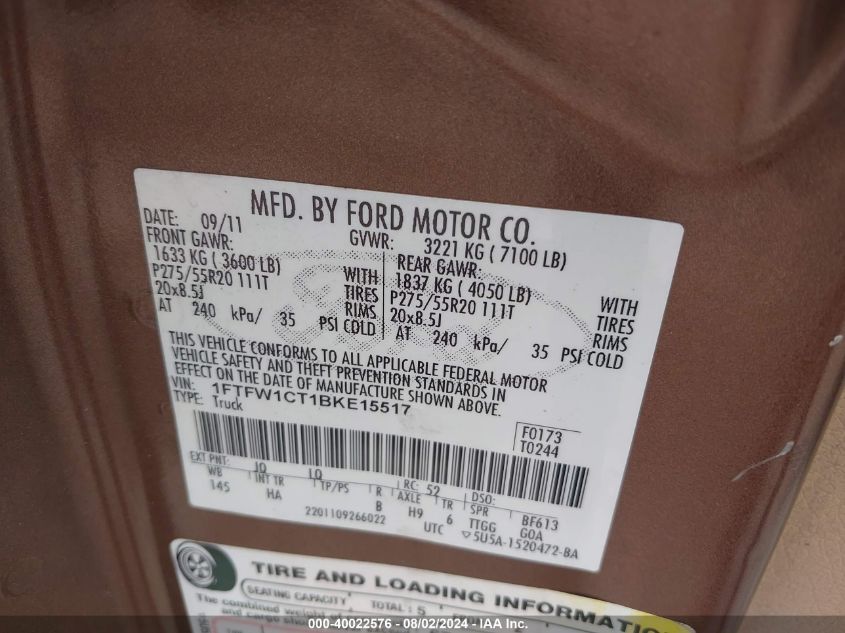 1FTFW1CT1BKE15517 2011 Ford F-150 Lariat