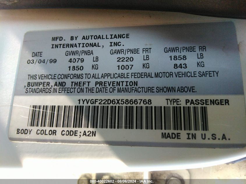 1999 Mazda 626 Es/Lx VIN: 1YVGF22D6X5866768 Lot: 40022602