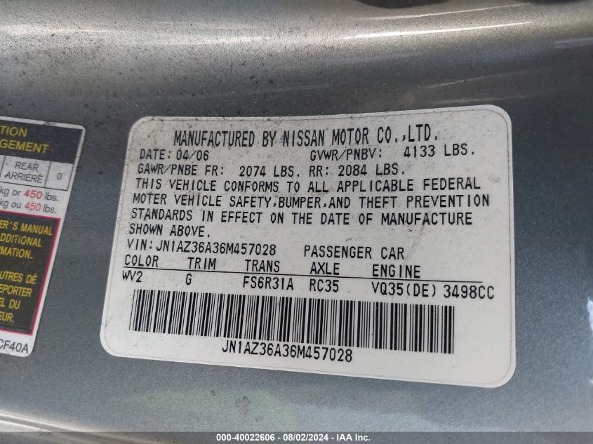 2006 Nissan 350Z Enthusiast VIN: JN1AZ36A36M457028 Lot: 40022606