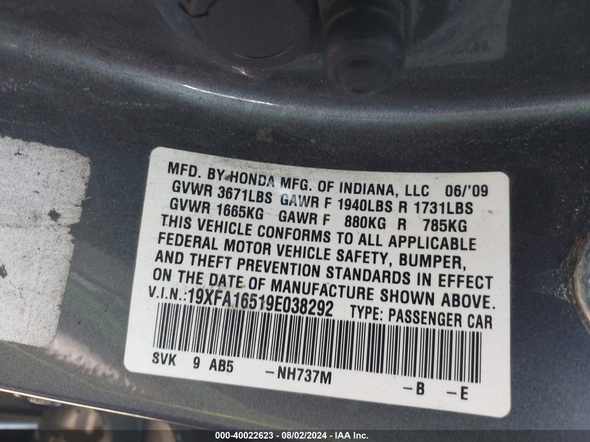 2009 Honda Civic Lx VIN: 19XFA16519E038292 Lot: 40022623