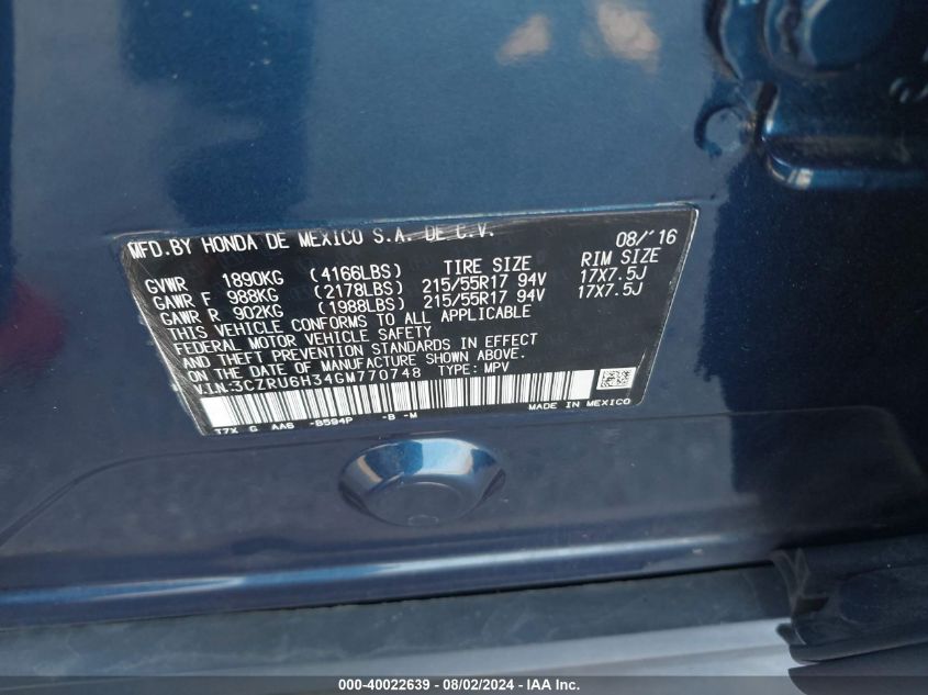 2016 Honda Hr-V Lx VIN: 3CZRU6H34GM770748 Lot: 40022639