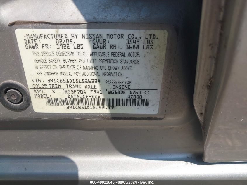 2005 Nissan Sentra 1.8 VIN: 3N1CB51D15L526334 Lot: 40022645