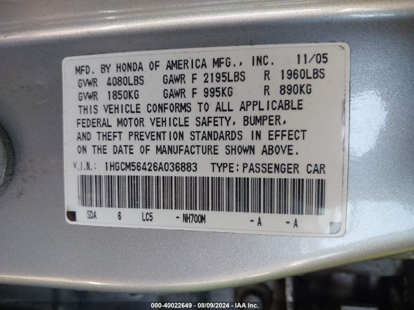 2006 Honda Accord 2.4 Lx VIN: 1HGCM56426A036883 Lot: 40022649