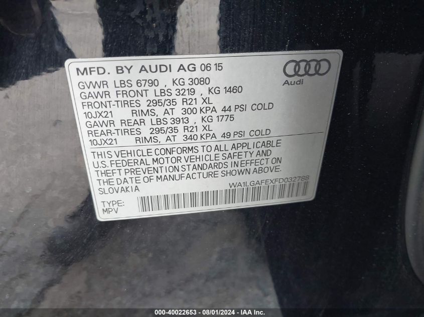 2015 Audi Q7 3.0T Premium VIN: WA1LGAFEXFD032788 Lot: 40022653