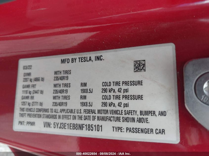 2022 Tesla Model 3 Long Range Dual Motor All-Wheel Drive VIN: 5YJ3E1EB8NF185101 Lot: 40022654