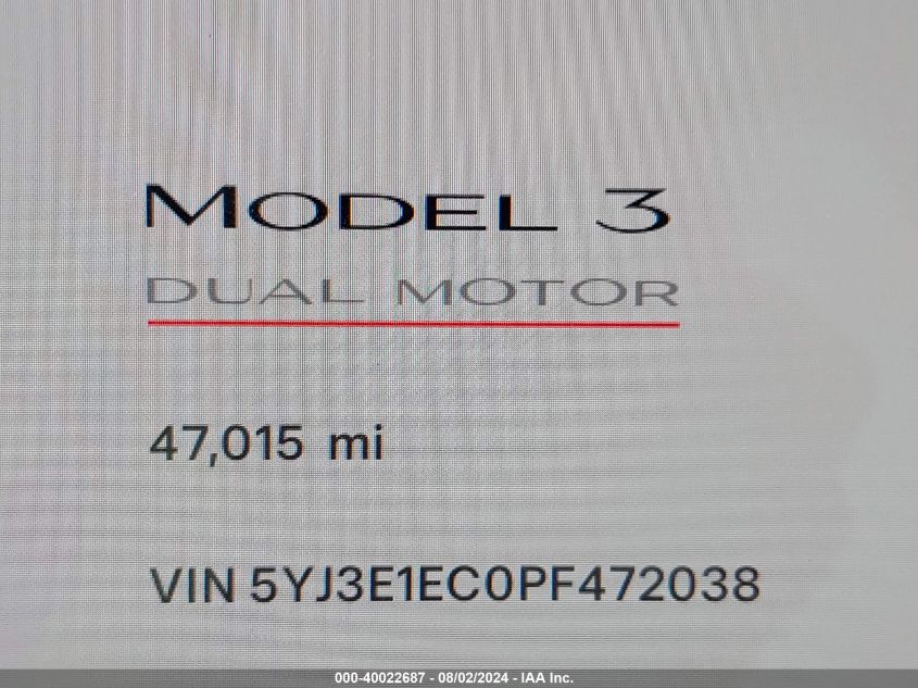 2023 Tesla Model 3 Performance Dual Motor All-Wheel Drive VIN: 5YJ3E1EC0PF472038 Lot: 40022687