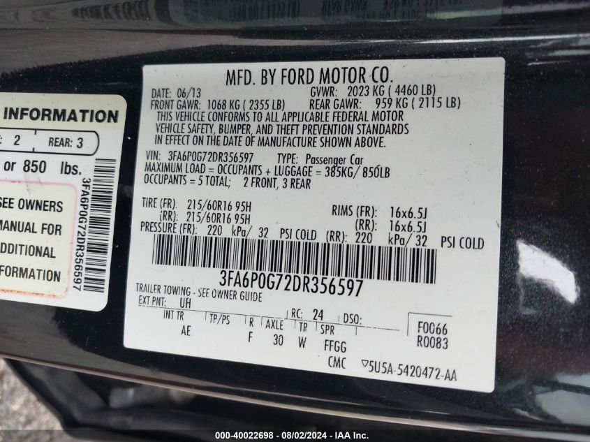 2013 Ford Fusion S VIN: 3FA6P0G72DR356597 Lot: 40022698