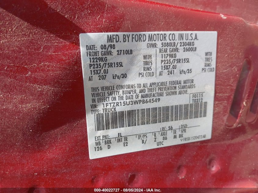 1998 Ford Ranger Splash/Xl/Xlt VIN: 1FTZR15U3WPB64549 Lot: 40022727
