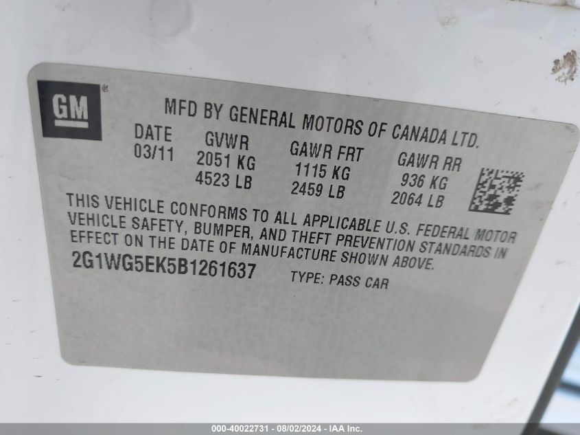 2011 Chevrolet Impala Lt VIN: 2G1WG5EK5B1261637 Lot: 40022731