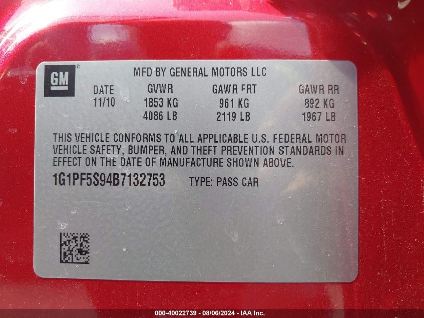 2011 Chevrolet Cruze 1Lt VIN: 1G1PF5S94B7132753 Lot: 40022739