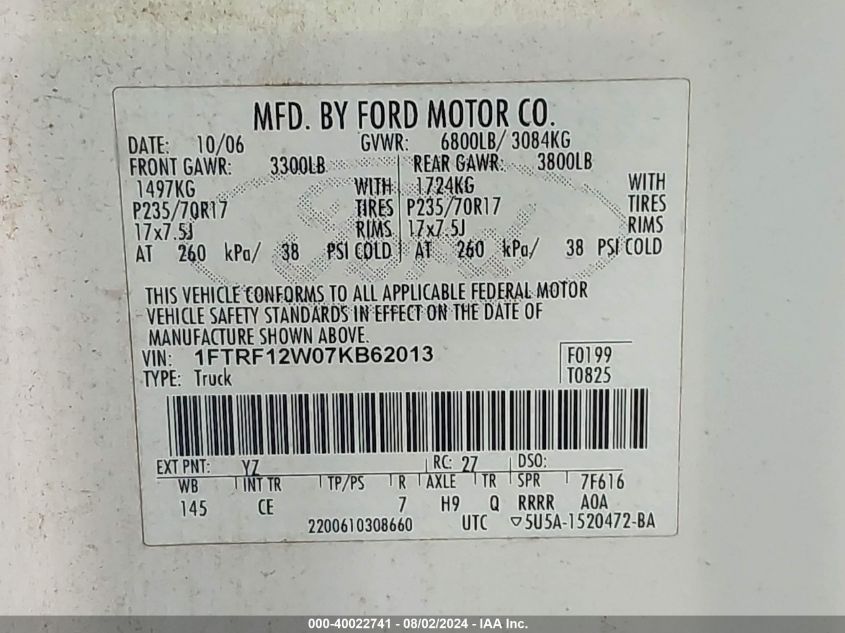 1FTRF12W07KB62013 | 2007 FORD F-150