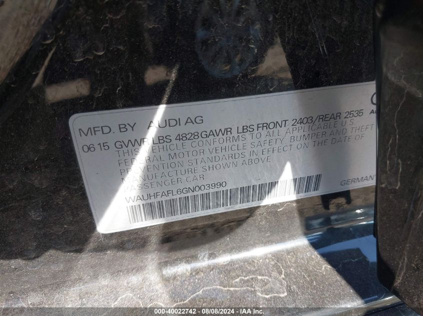 2016 Audi A4 2.0T Premium VIN: WAUHFAFL6GN003990 Lot: 40022742