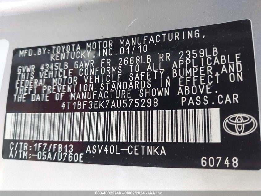 2010 Toyota Camry Se/Le/Xle VIN: 4T1BF3EK7AU575298 Lot: 40022748
