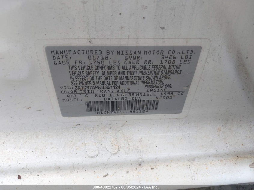 2018 Nissan Versa 1.6 Sv VIN: 3N1CN7AP5JL851124 Lot: 40022767