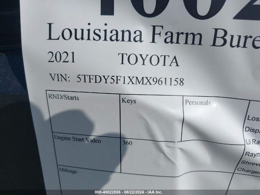 2021 Toyota Tundra Sr5 VIN: 5TFDY5F1XMX961158 Lot: 40022855