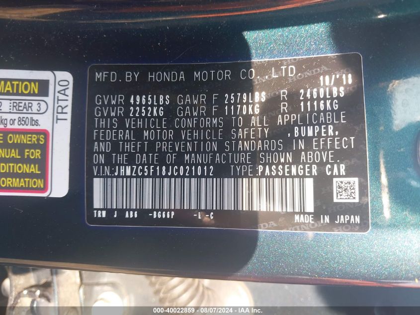 JHMZC5F18JC021012 2018 Honda Clarity Plug-In Hybrid