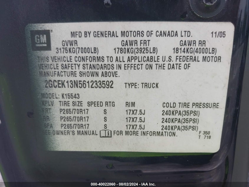 2006 Chevrolet Silverado 1500 Lt3 VIN: 2GCEK13N561233592 Lot: 40022860