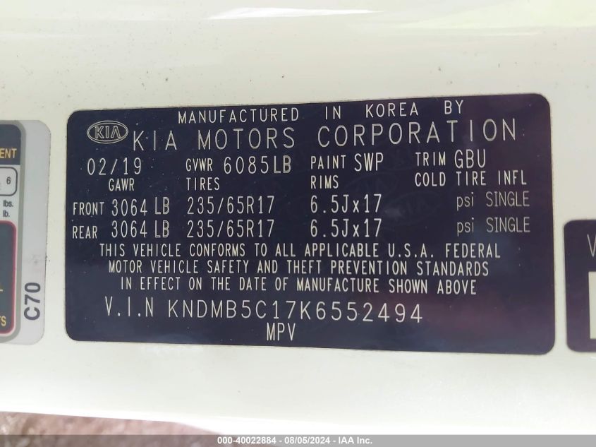 KNDMB5C17K6552494 2019 Kia Sedona Lx