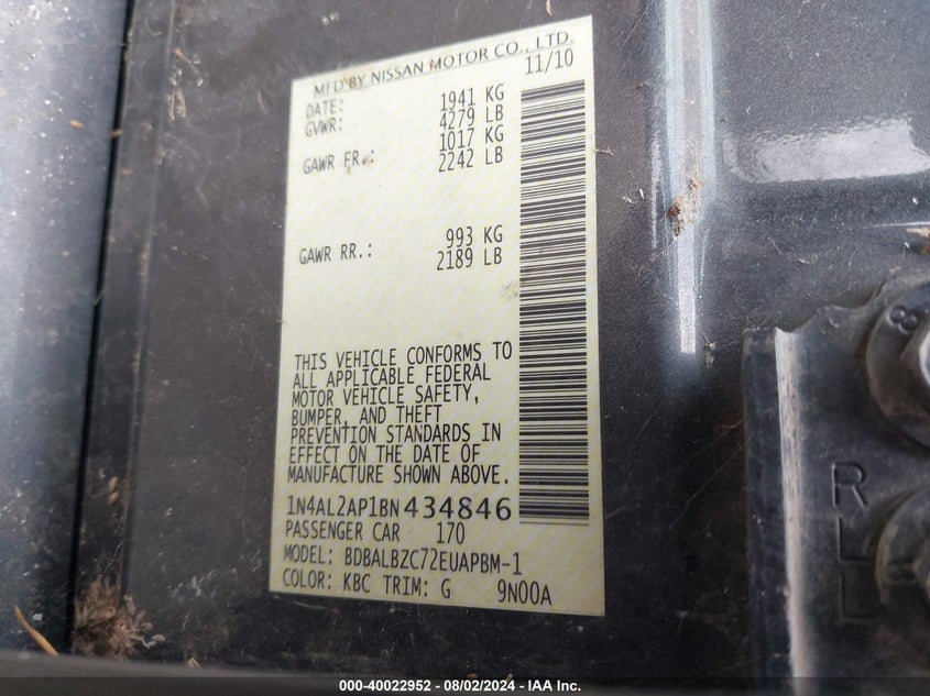 2011 Nissan Altima 2.5 S VIN: 1N4AL2AP1BN434846 Lot: 40022952