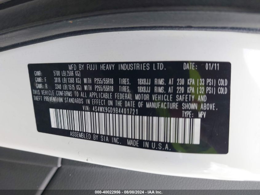 4S4WX9JD5B4402163 2011 Subaru Tribeca 3.6R Limited