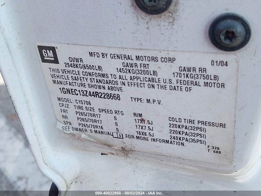 2004 Chevrolet Tahoe Ls VIN: 1GNEC13Z44R228668 Lot: 40022958