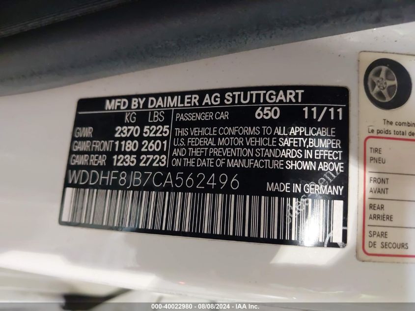 2012 Mercedes-Benz E 350 4Matic VIN: WDDHF8JB7CA562496 Lot: 40022980