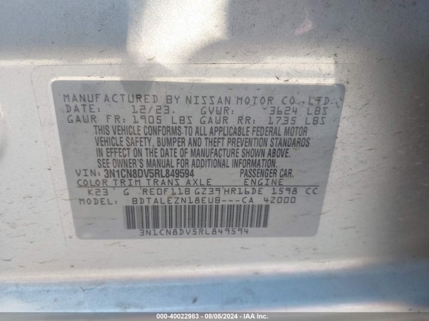 2024 Nissan Versa 1.6 S VIN: 3N1CN8DV5RL849594 Lot: 40022983