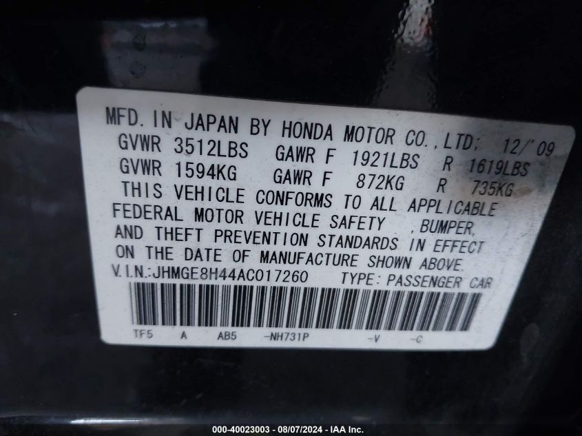 2010 Honda Fit Sport VIN: JHMGE8H44AC017260 Lot: 40023003