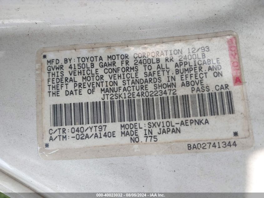 1994 Toyota Camry Le VIN: JT2SK12E4R0223472 Lot: 40023032