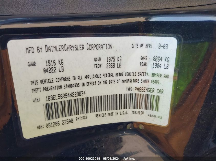 2004 Dodge Stratus Es VIN: 1B3EL56R94N229674 Lot: 40023049