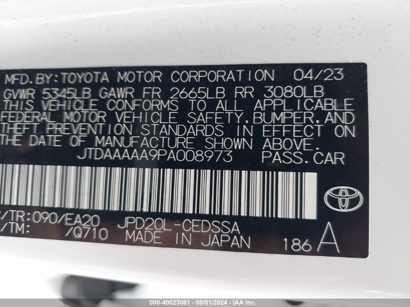 2023 Toyota Mirai Xle VIN: JTDAAAAA9PA008973 Lot: 40023061