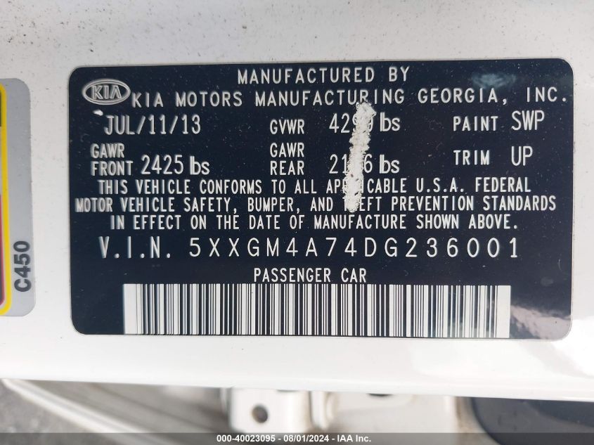 2013 Kia Optima Lx VIN: 5XXGM4A74DG236001 Lot: 40023095