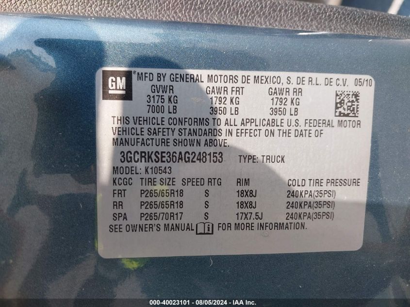 2010 Chevrolet Silverado 1500 Lt VIN: 3GCRKSE36AG248153 Lot: 40023101