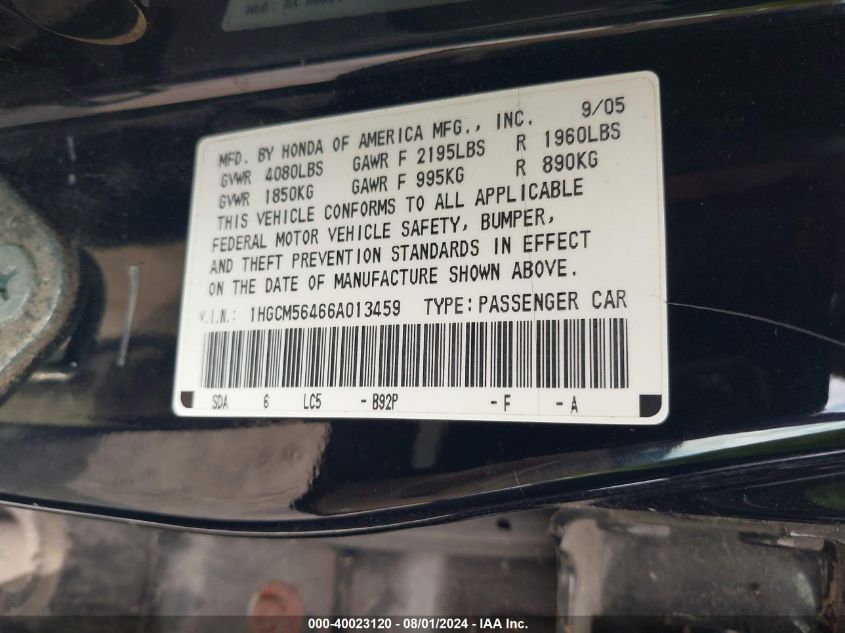 2006 Honda Accord 2.4 Lx VIN: 1HGCM56466A013459 Lot: 40023120
