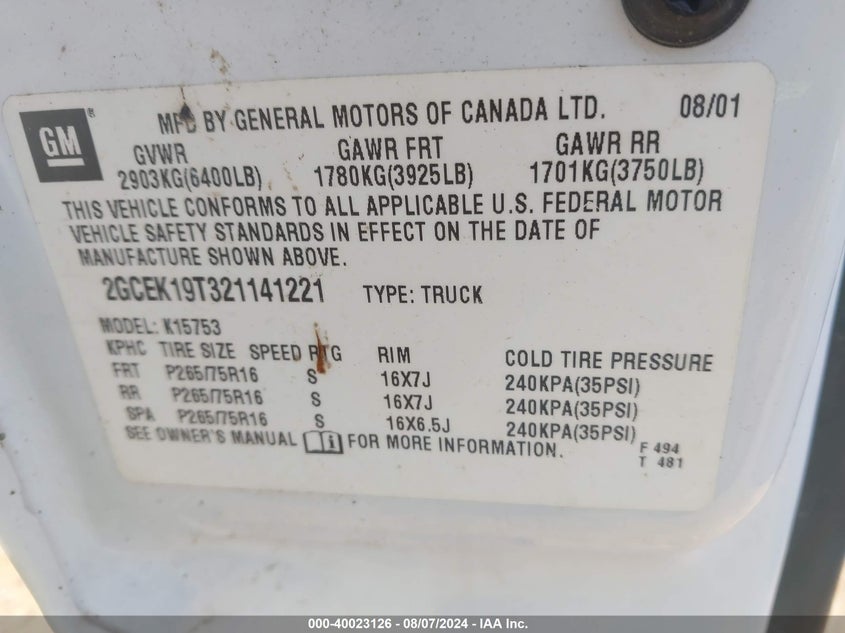 2002 Chevrolet Silverado K1500 VIN: 2GCEK19T321141221 Lot: 40023126