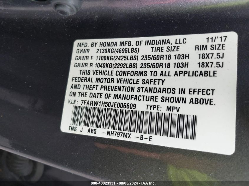 2018 Honda Cr-V Ex VIN: 7FARW1H50JE006609 Lot: 40023131