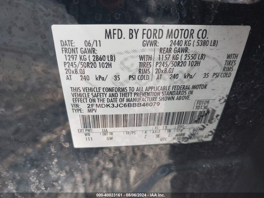 2011 Ford Edge Sel VIN: 2FMDK3JC6BBB46079 Lot: 40023161