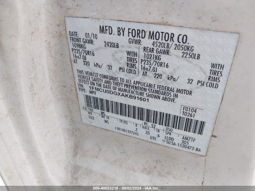 2010 Ford Escape Xlt VIN: 1FMCU0DGXAKB91601 Lot: 40023216