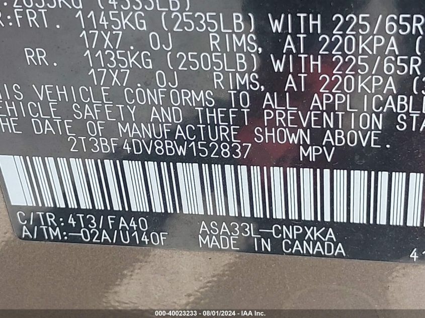 2011 Toyota Rav4 VIN: 2T3BF4DV8BW152837 Lot: 40023233