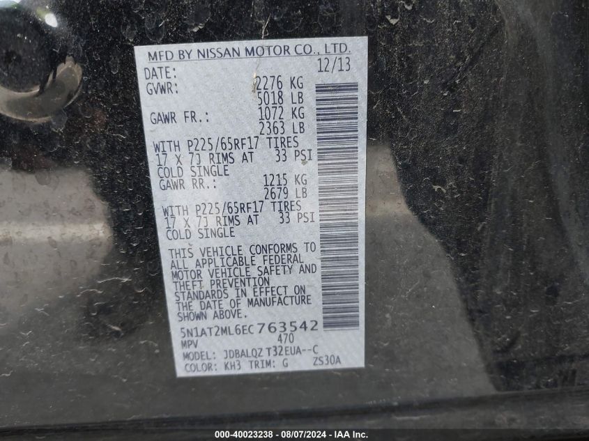 2014 Nissan Rogue Sv VIN: 5N1AT2ML6EC763542 Lot: 40023238