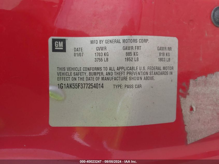2007 Chevrolet Cobalt Ls VIN: 1G1AK55F377254014 Lot: 40023247