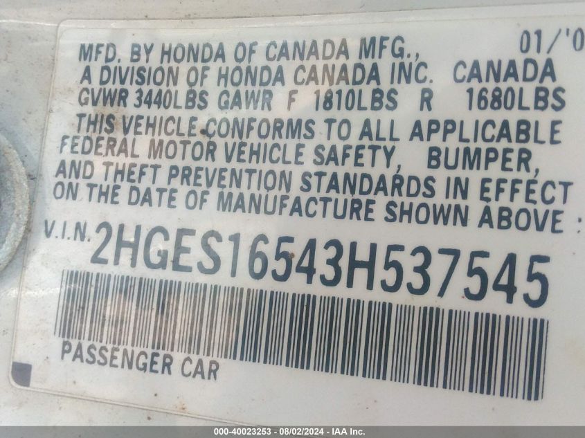 2003 Honda Civic Lx VIN: 2HGES16543H537545 Lot: 40023253