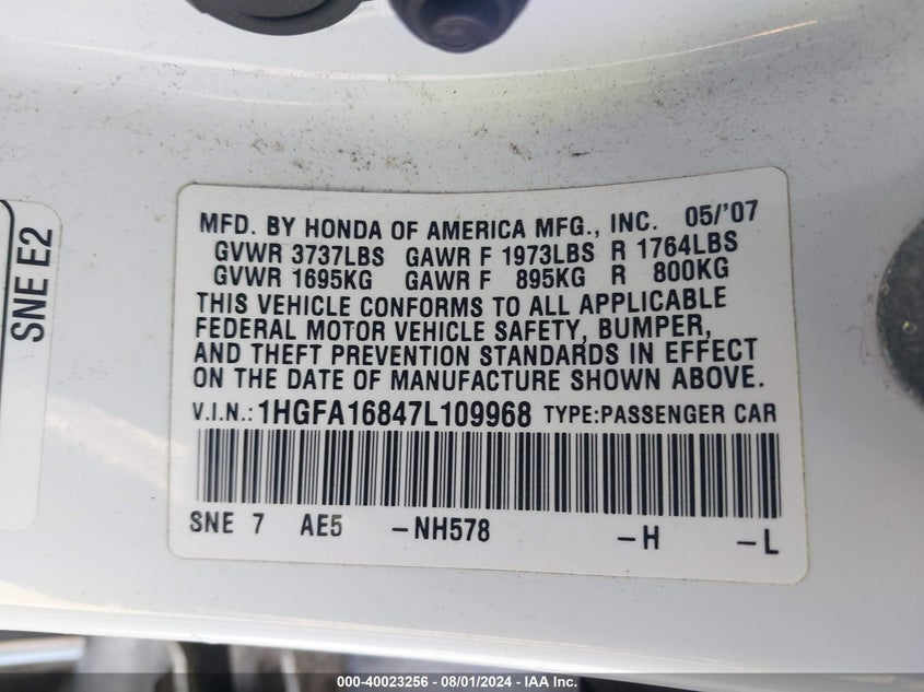 2007 Honda Civic Ex VIN: 1HGFA16847L109968 Lot: 40023256