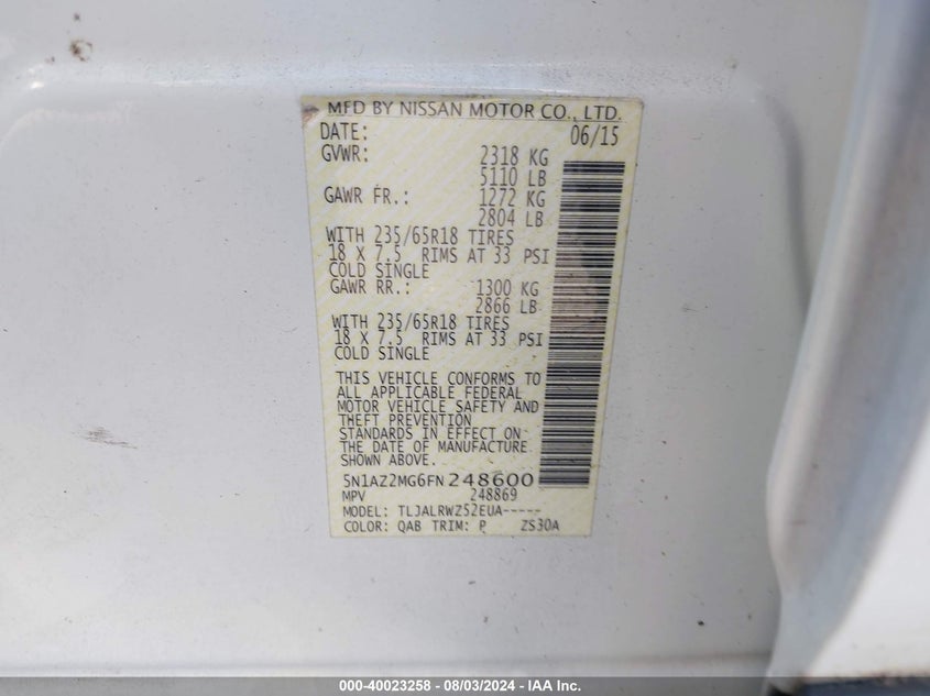 2015 Nissan Murano S/Sl/Sv/Platinum VIN: 5N1AZ2MG6FN248600 Lot: 40023258
