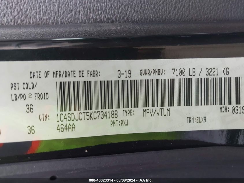 2019 Dodge Durango R/T VIN: 1C4SDJCT5KC734188 Lot: 40023314